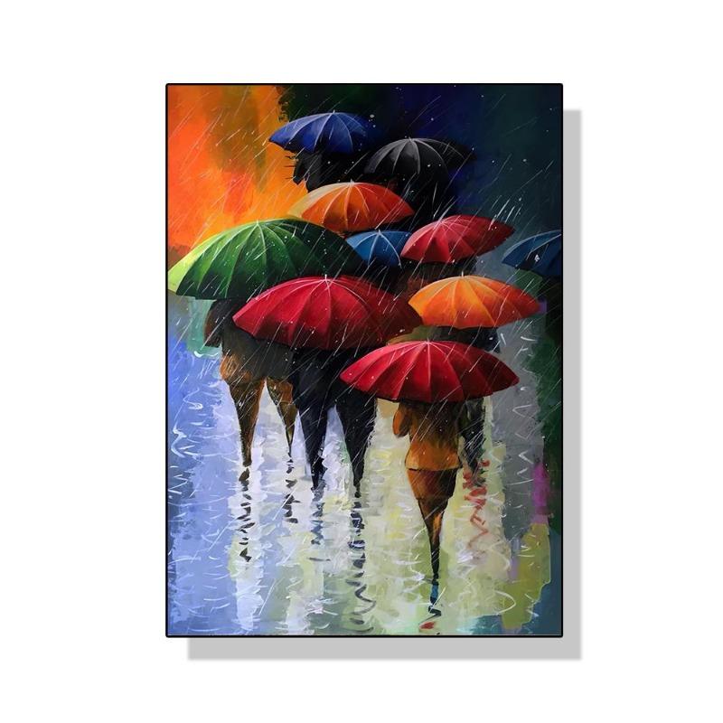 Abstract colourful umbrella landscape in the rain canvas painting oil wall of art for the modern living room home decor cuadros