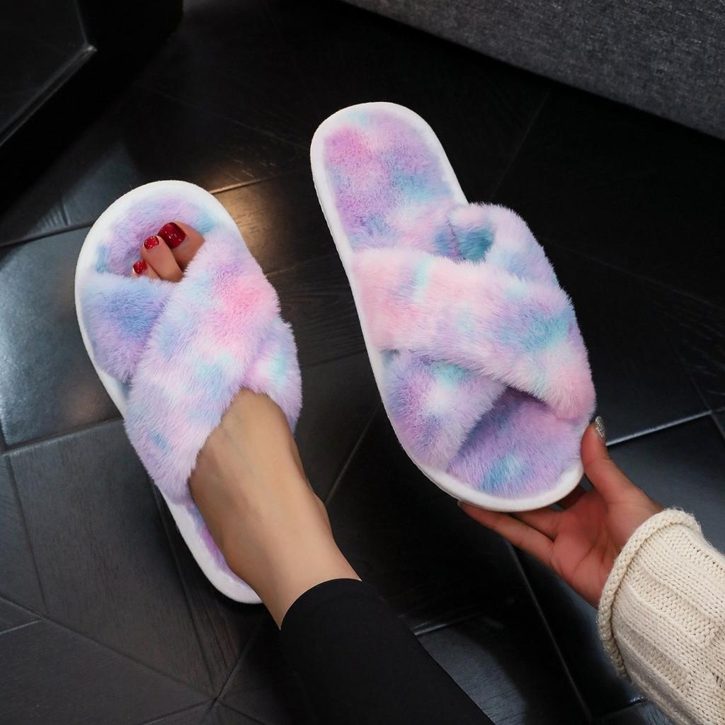 Tie-dye plush slippers flat bottom home hair drag fashion rainbow fluff slippers