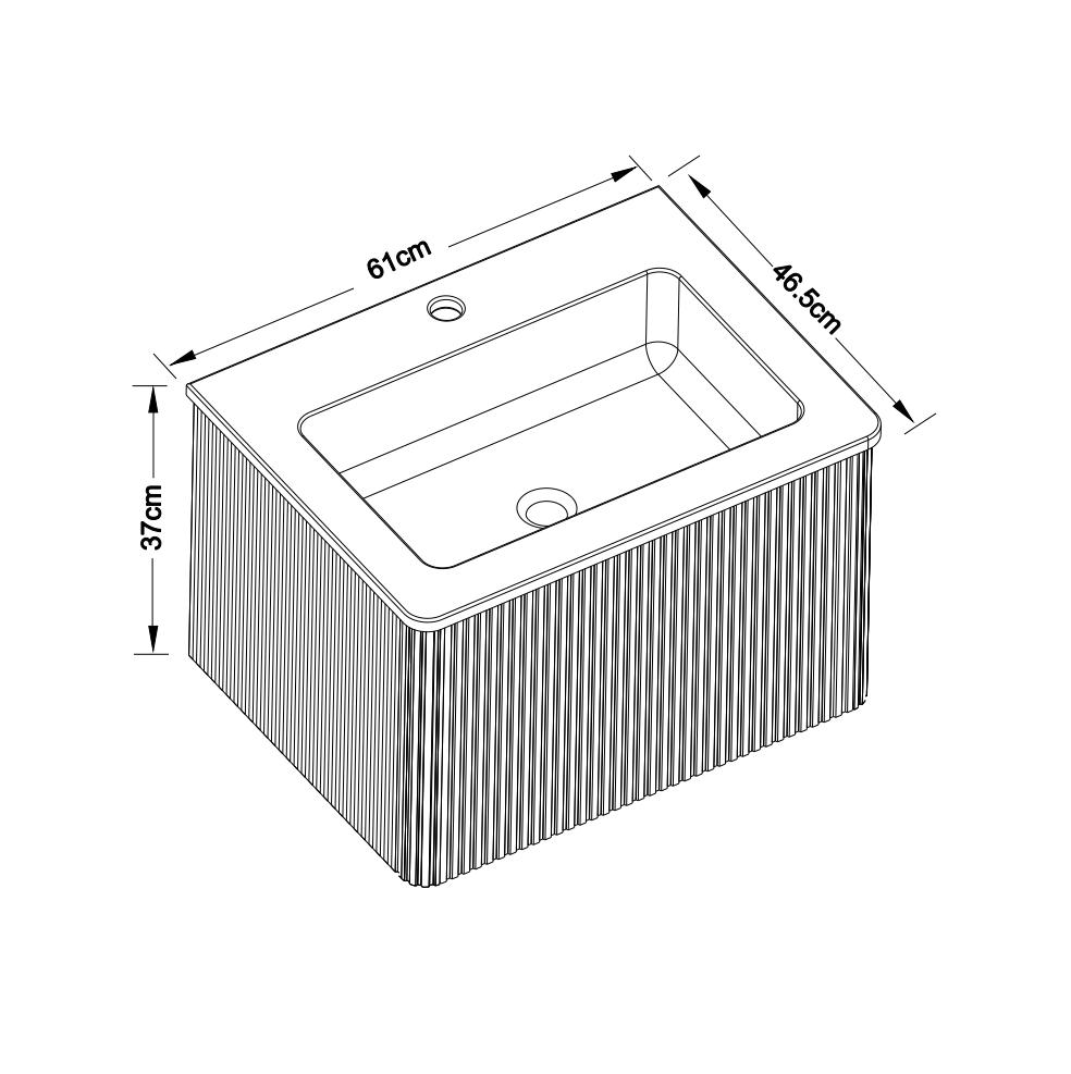 Washbasin with Vanity Unit for Small Bathrooms, Mineral Cast, Fluted Design, 60cm Wall-Mounted Bathroom Cabinet, Natural Oak Color, Pre-assembled