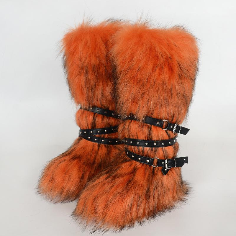 Damen Winterimitat Fuchsfell Stiefel Gürtel Punk Europäisch und Amerikanisch hoher Schaft 40 langer Schaft Schneestiefel Schuhe