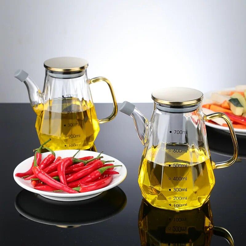 500/700/900ml Home Creative Glass Diamond Oil Bottle with Scale and Handle Kitchen Soy Sauce Vinegar Condiment Storage Container