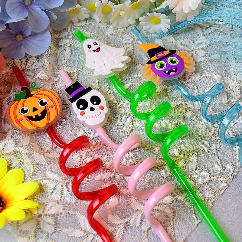 1Pcs Luminous Halloween Spiral Drinking Straws With Bats Ghost Pumpkin Witch Patterns Goodie Gifts For Kids Halloween Party