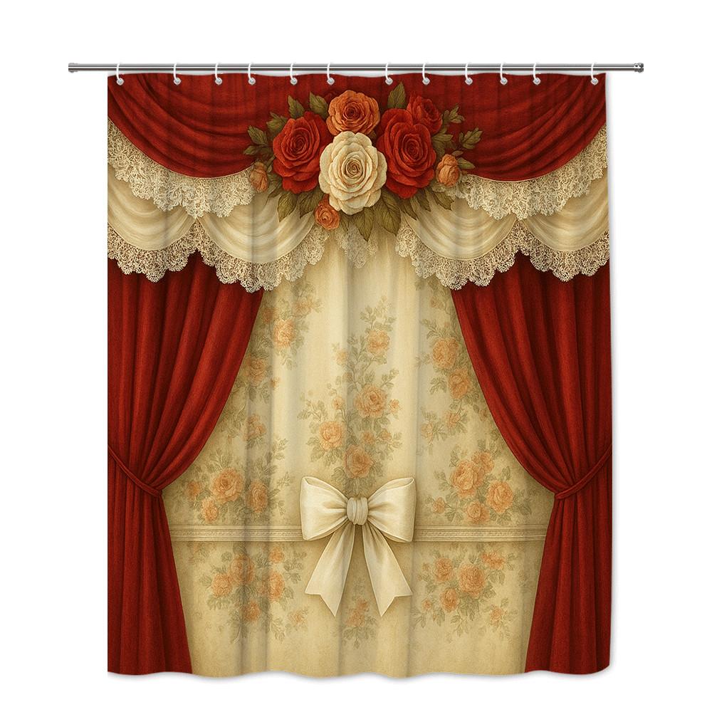 Elegant Red And Gold Curtain Style Shower Curtain Vintage Rose Pattern With Lace Bow Waterproof Easy To Install Elevate Space