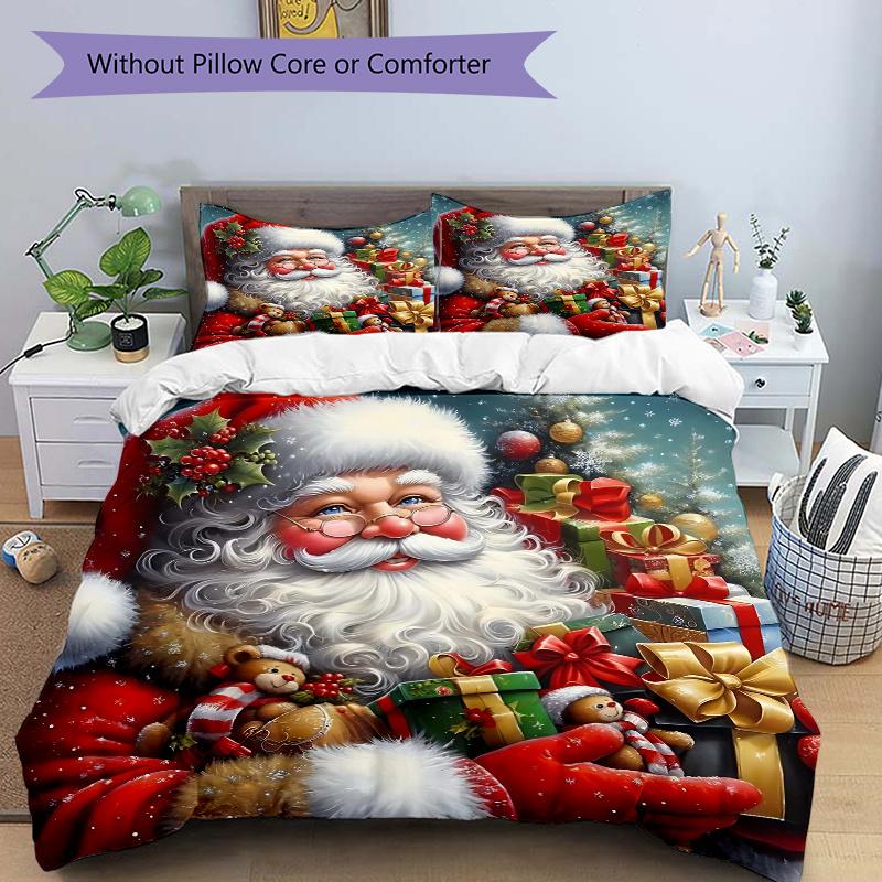 3pcs Santa Claus with Christmas Gifts Printed Bedding Set, Soft and Comfortable Quilt Cover for Bedroom, Guest Room (1 Duvet Cover + 2 Pillowcases
