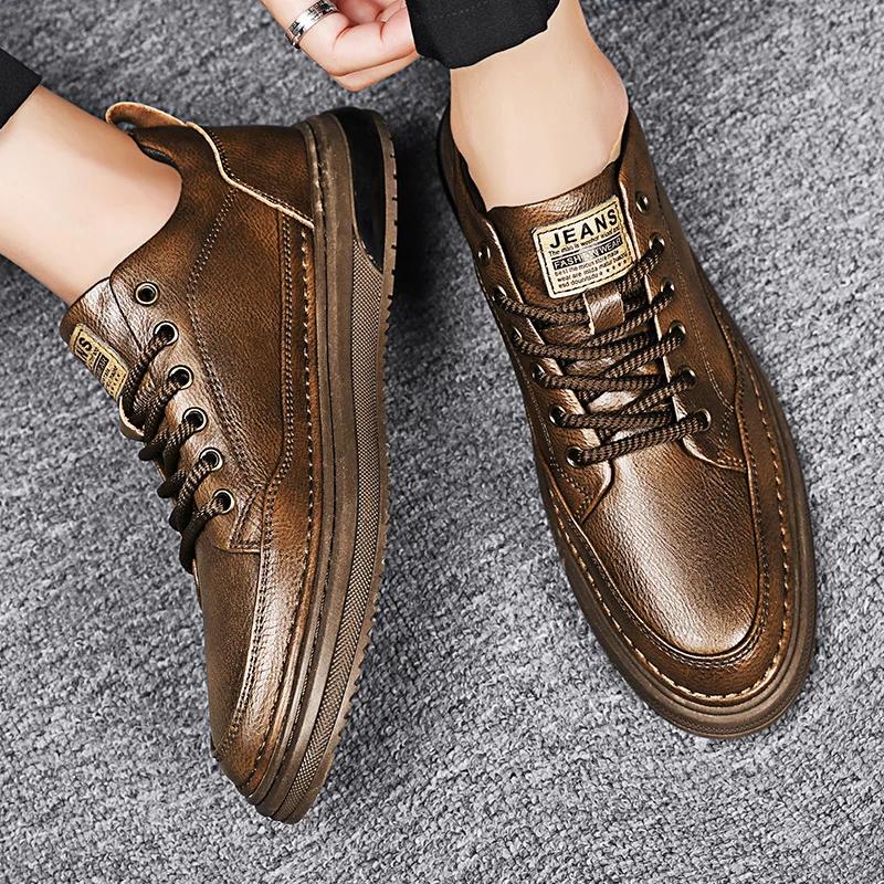 Fashion Genuine Leather Men Casual Shoes Non-Slip Leisure Walk Sneakers Fashion Driving Walking Tennis Shoes for Man Outdoor Skate Flats