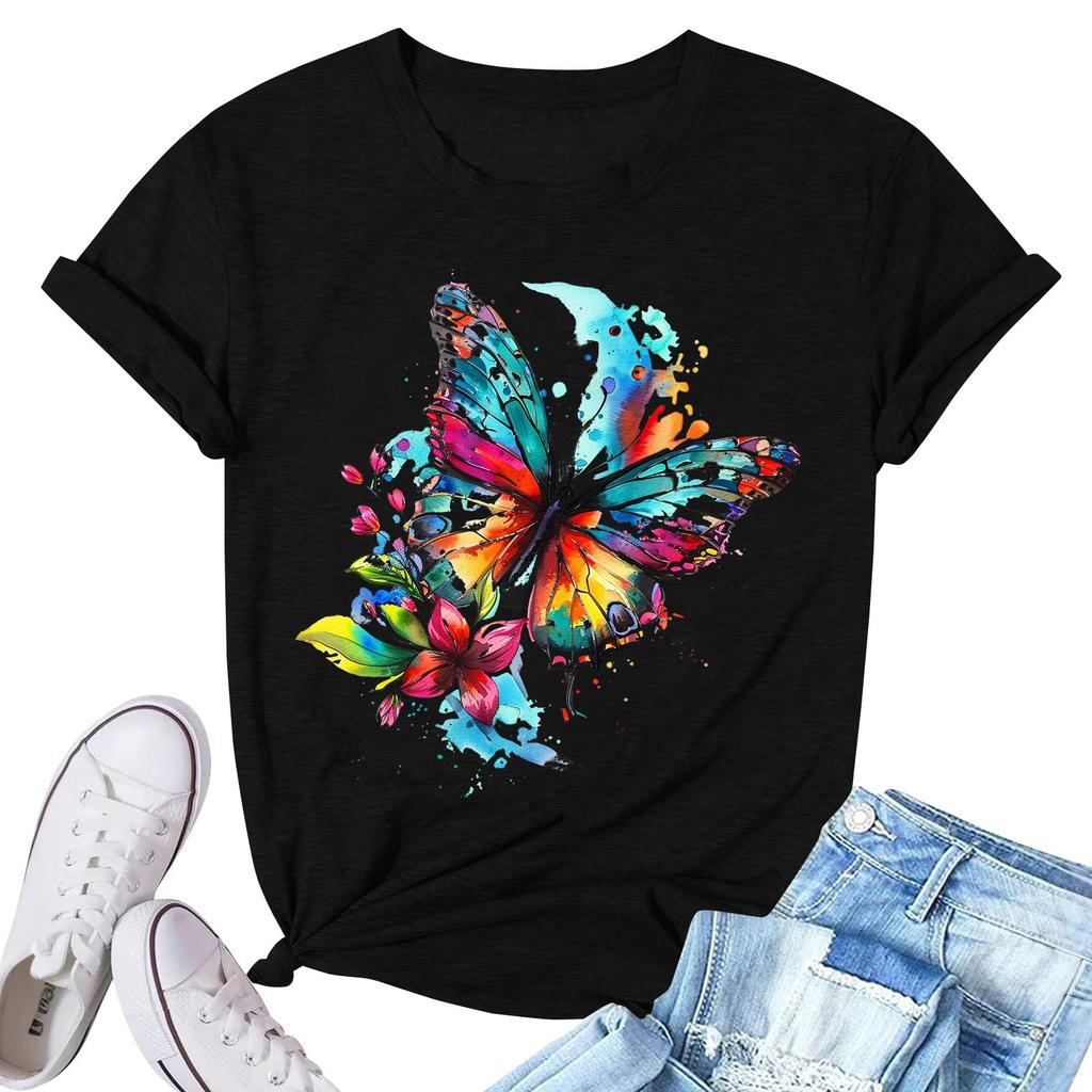 Women's Fashion Printed Casual Pleated Round Short Sleeve T-Shirt Top
