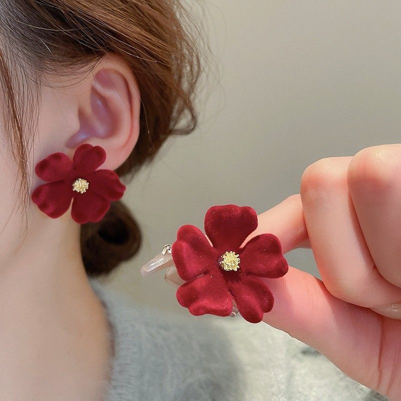 Retro Hong Kong Style Red Flocking Geometric Round Earrings Earrings Fashion Personality Temperament Earrings Women