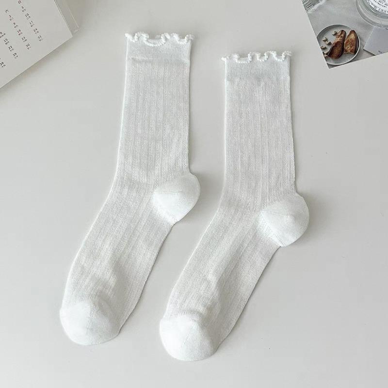 Women's Summer Thin Solid Color Wood Ear Lace Mesh Breathable Tube Stack Socks