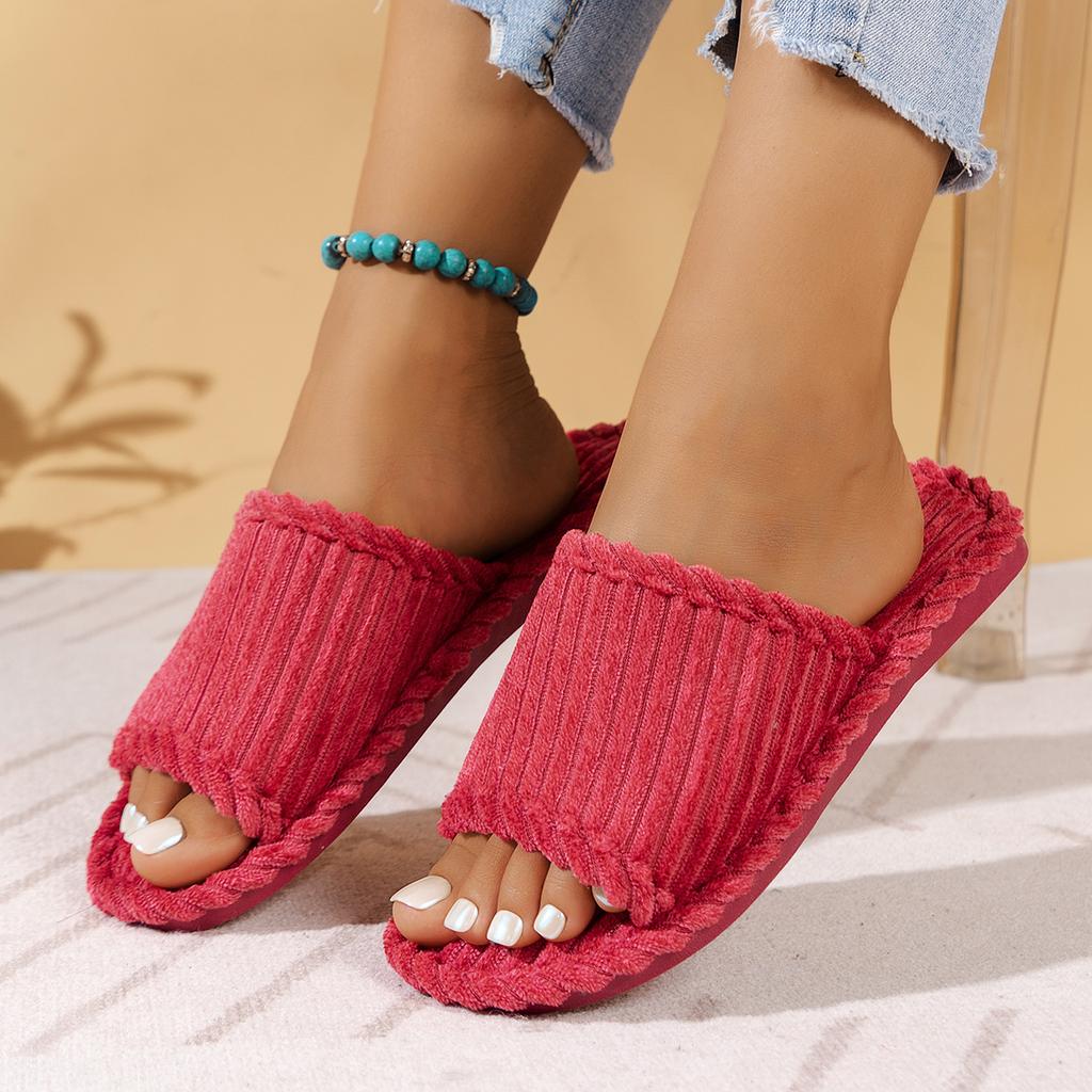 Women Slippers New Fashion and Minimalist One Word Shoes Women Home Couples with Striped Open Toe Cotton Slippers Slides Women