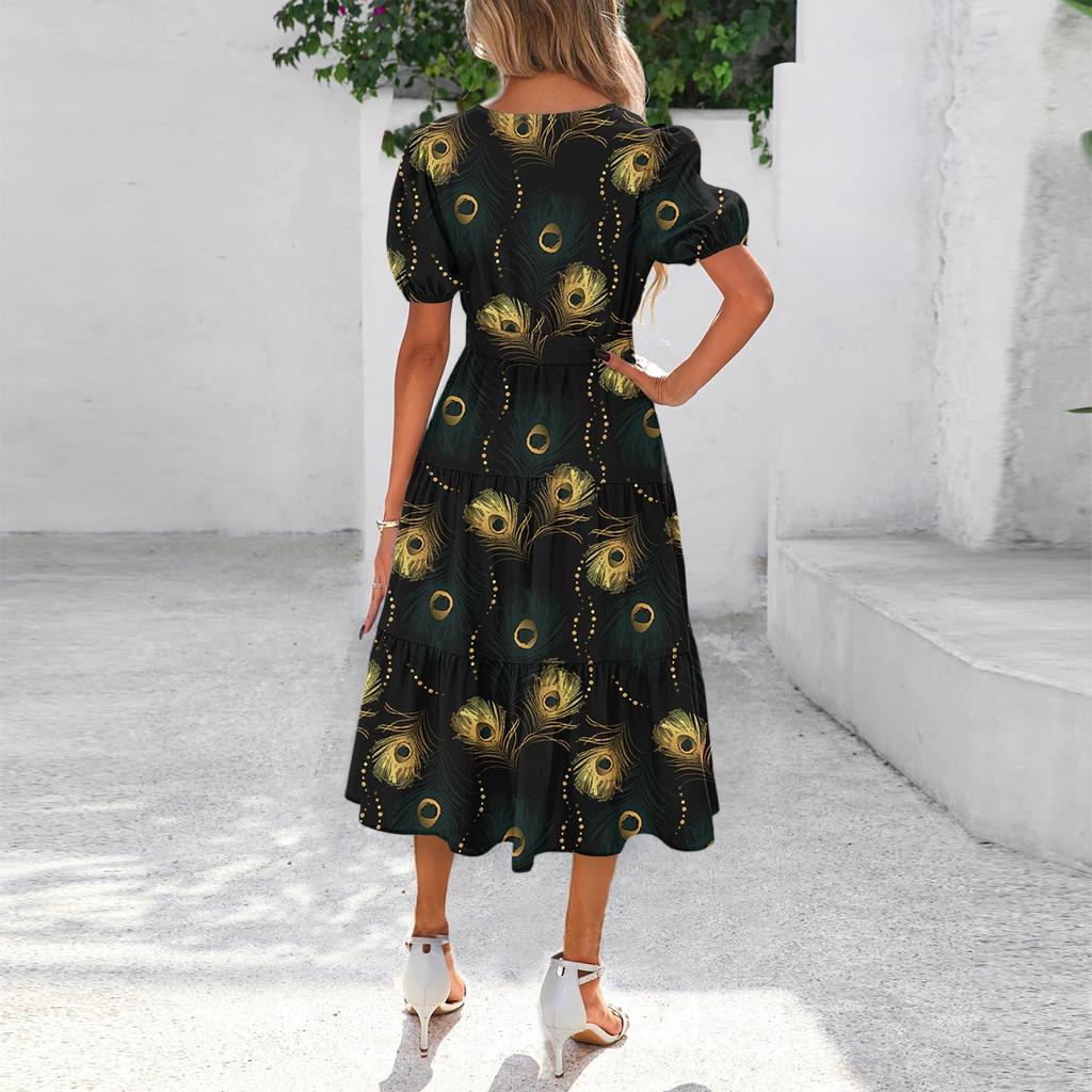 Women's Summer Short Sleeve Round Neck Waistband Bohemian Flowy Layered Maxi Dress With Pockets