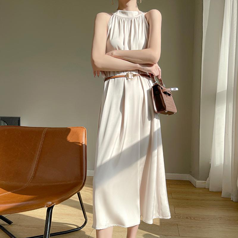 2024 Summer Women's French Retro Acetate Satin Halter Neck Sleeveless Dress