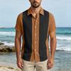 Men Short Sleeve Casual Button Down Shirt Relaxed Fit Lightweight Fabric Vertical Stripe Pattern Lapel Collar Pocket Design