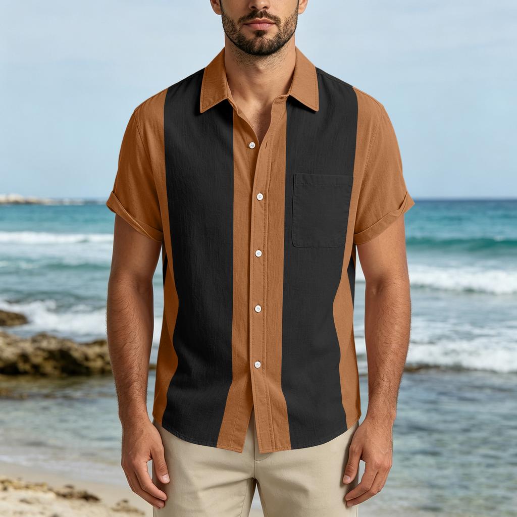 Men Short Sleeve Casual Button Down Shirt Relaxed Fit Lightweight Fabric Vertical Stripe Pattern Lapel Collar Pocket Design