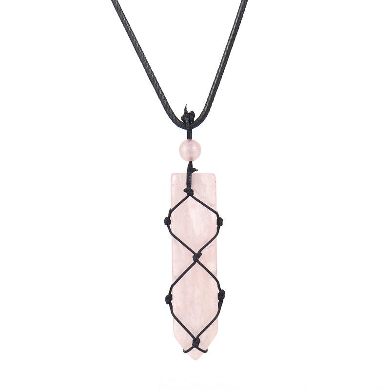 

Hand-Woven Natural Stone Crystal Amethyst Sword-Shaped Mesh Pocket Pendant Necklace N578 рожевий кварц кольору
