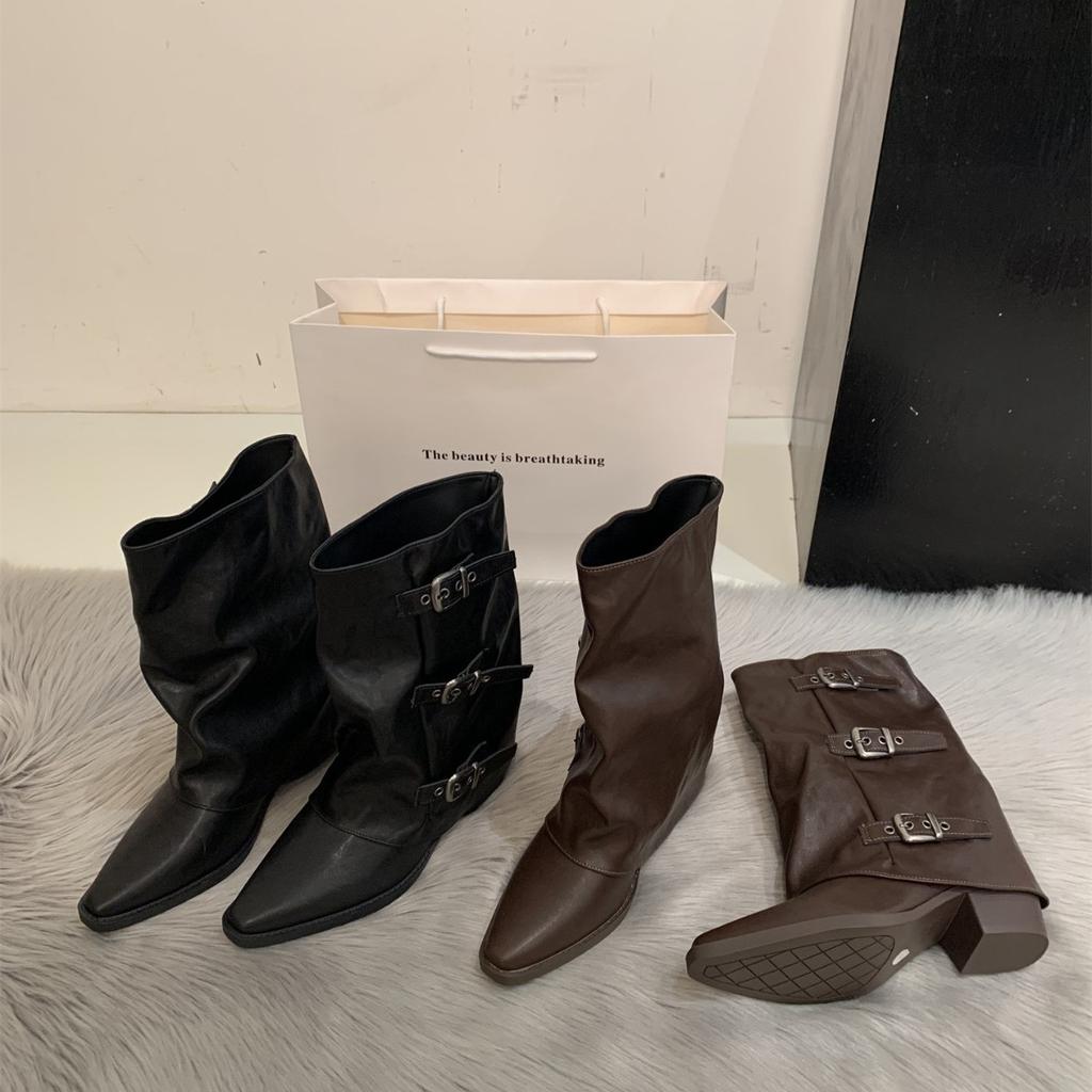 ~ Pointed pleated piled boots women's new belt buckle mid-tube pants tube boots thick heel short boots knight boots
