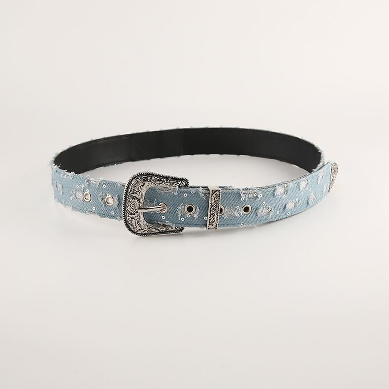 Cloth Retro Denim Carved Buckle Blue Waistband Adjustable Fit Fabric Material