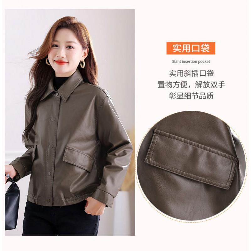 Womens PU Leather Biker Jacket With Lapel Collar Loose Fit Short Coat Winter 2026