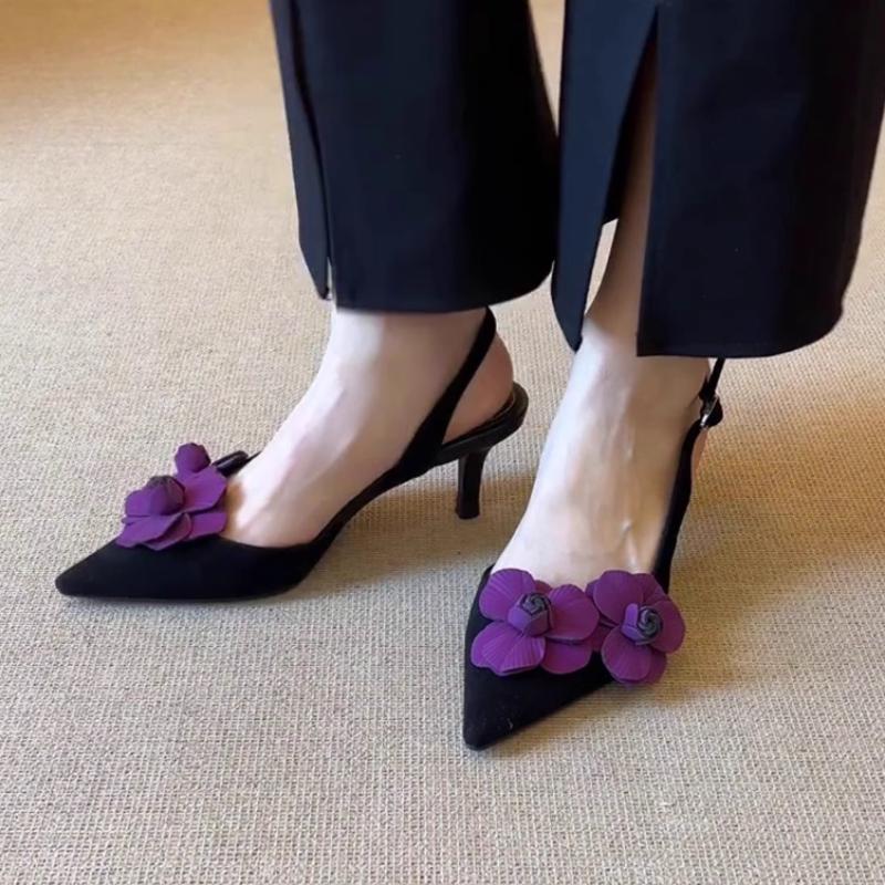 Sexy Purple Flower Sling Back Pumps Women 2025 Summer Elegant Pointed Toe High Heel Sandals French Retro Party Dress Pumps