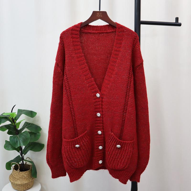 Medium and long V-neck knitted cardigan autumn and winter new loose lazy style temperament sweater jacket women