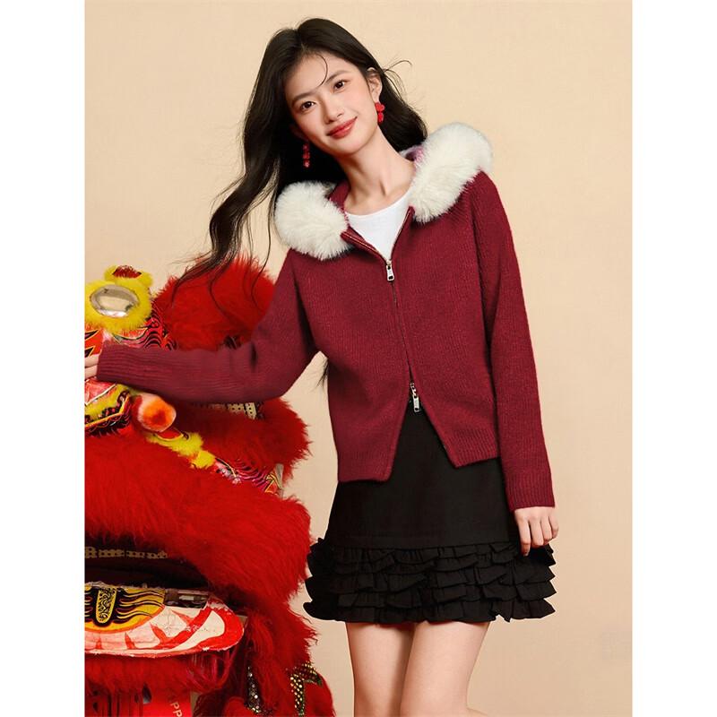 Women's Faux Fur Collar Hooded Zipper Knitted Cardigan