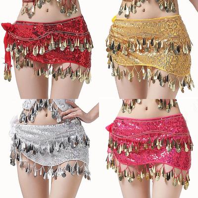 Women's Belly Dance Skirt - Sparkling Tie-On Hip Scarf with Coin Chains & Fringe