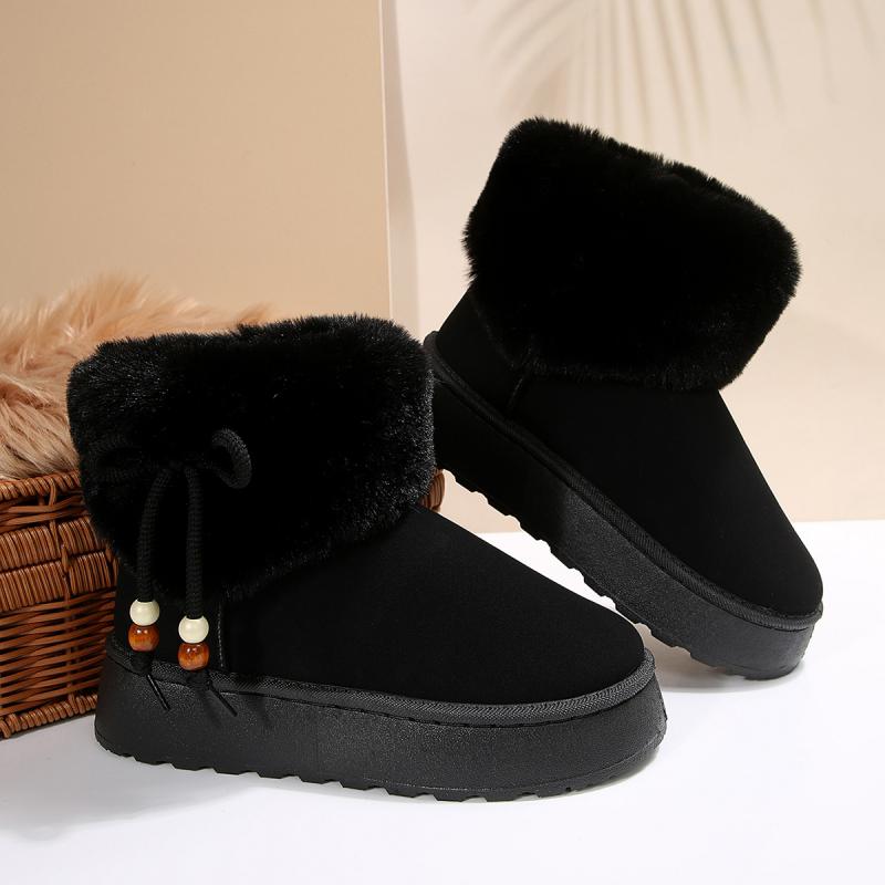Sweet Beaded Bowknot Decoration Furry Snow Boots Women 2025 Winter Soft Thick Bottom Non Slip Fur Booties Warm Short Plush Boots