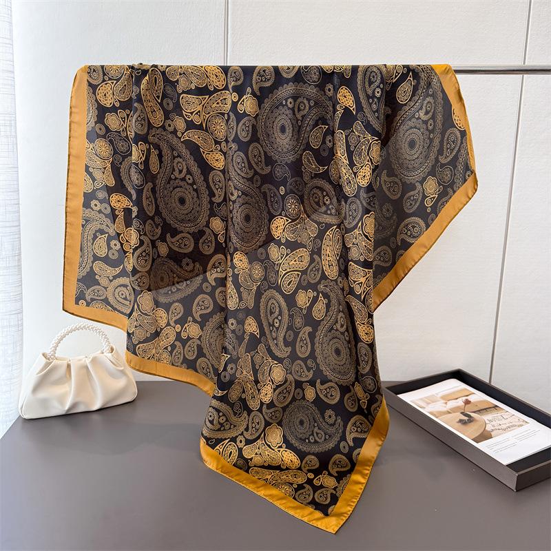 

Summer Retro Old Flower Satin Emulation Silk Print 90*90 Large Square Scarf Shawl Neck Protection Scarf Decorative Scarf One Size