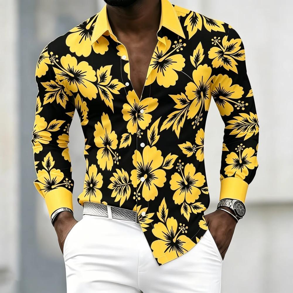 Herren Retro-Blumenprint Langarmhemd mit schwarzem Hintergrund, Hell