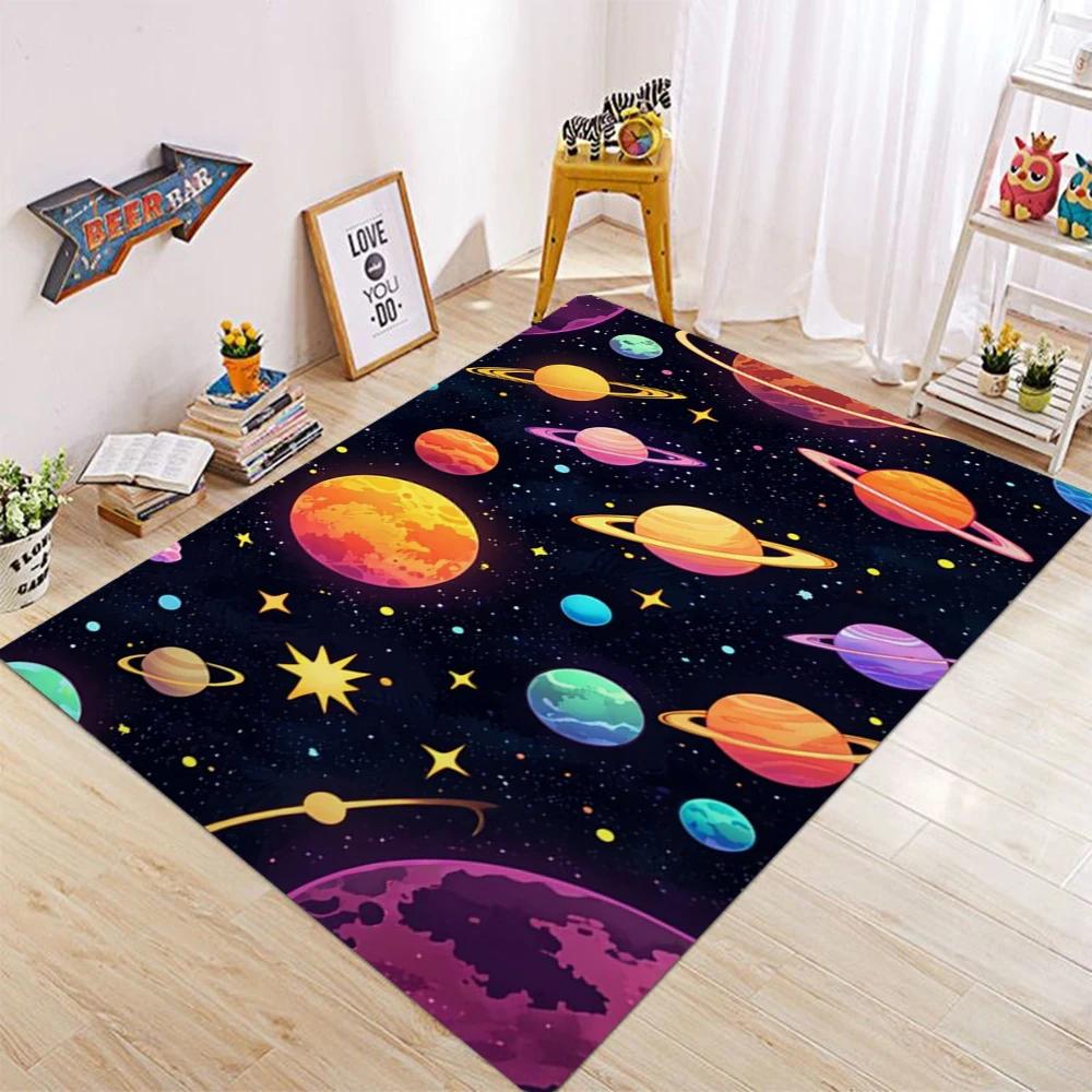 Cartoon Space Galaxy Carpet Mat Rug Colorful Planets Stars Pattern Non-Slip Floor Mat for Kids Room Living Room Home Decoration