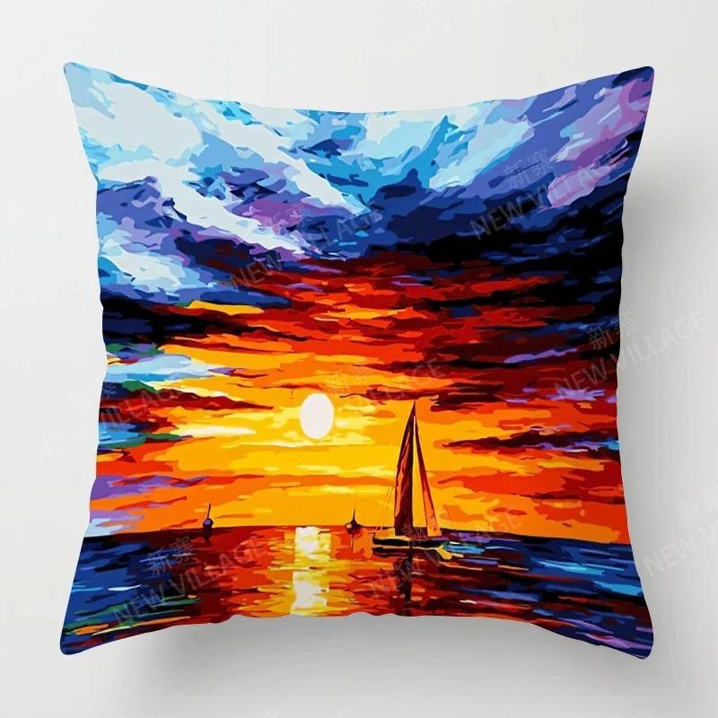 Sunset & Palm Tree Beach Pattern Double-Sided Printed Pillow Cover Short Plush Suitable Living Rooms Sofas Throw Cushion Cover