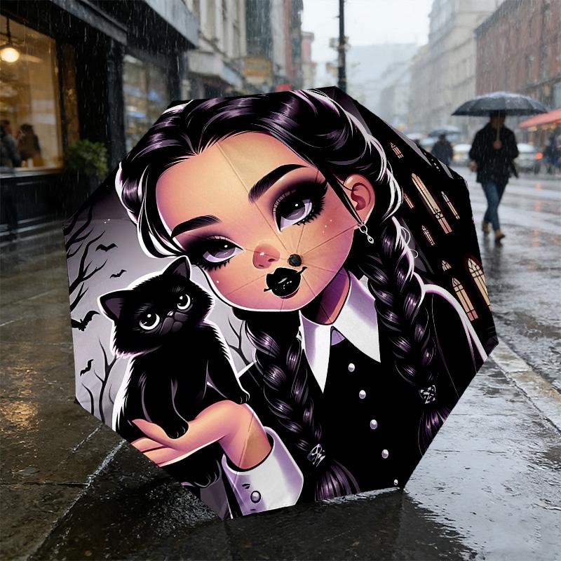 Gothic Cat 8 Ribs 3Fold Black Glue Uv Protection Umbrella Sun Protection Rainproof Compact Folding Umbrella For Travel Daily Use C923635