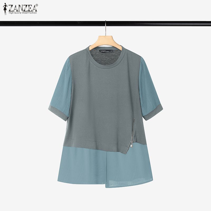 ZANZEA Damen Freizeit T-Shirts mit Rundhalsausschnitt Sommer Kurzarm