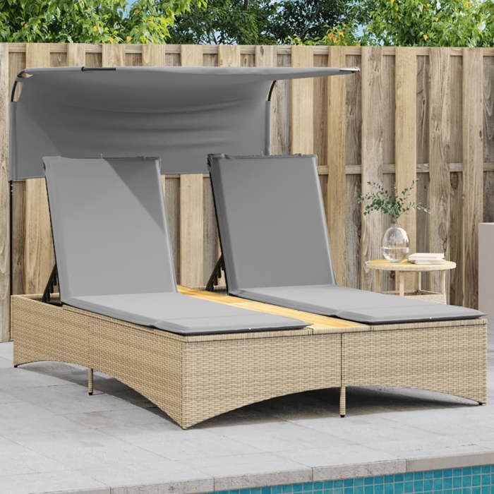 VidaXL Chaise longue double et auvent et coussins mélange beige rotin, lit de bronzage, chaise longue inclinable, lit de 365623