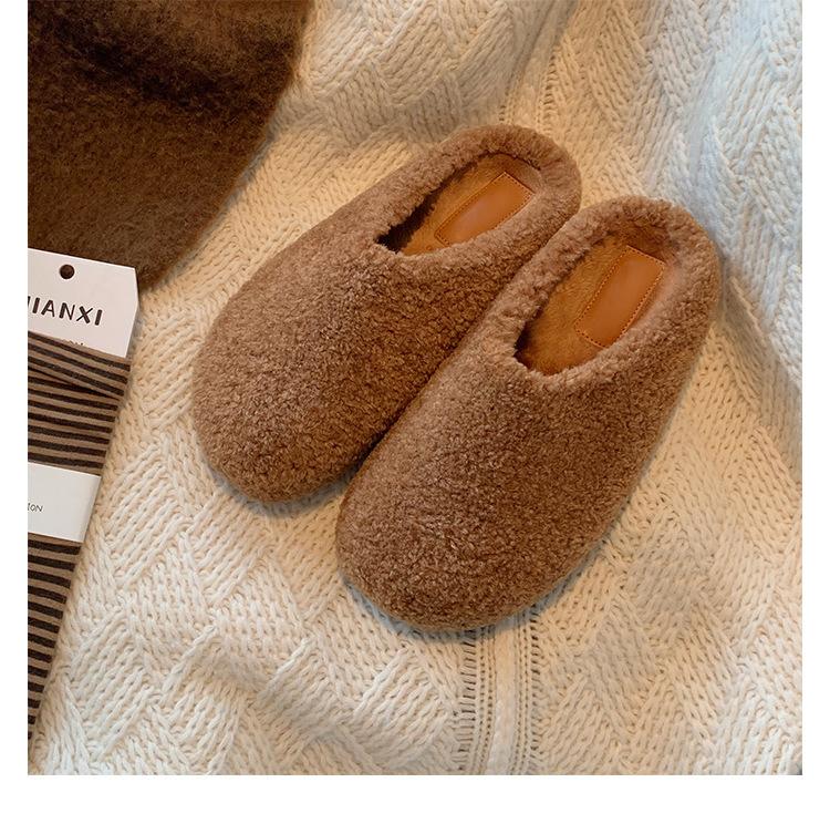 Wool version~ Baotou one-pedal thermal cotton shoes with plush and fluffy half slippers, women wear genuine leather fluffy shoes
