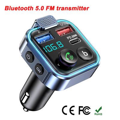 Bluetooth 5.0 FM Transmitter Drahtloser Radioadapter Auto-Kit mit Typ-C PD 20W QC3.0 Schnelllader Unterstützt U-Disk Farbiges Licht