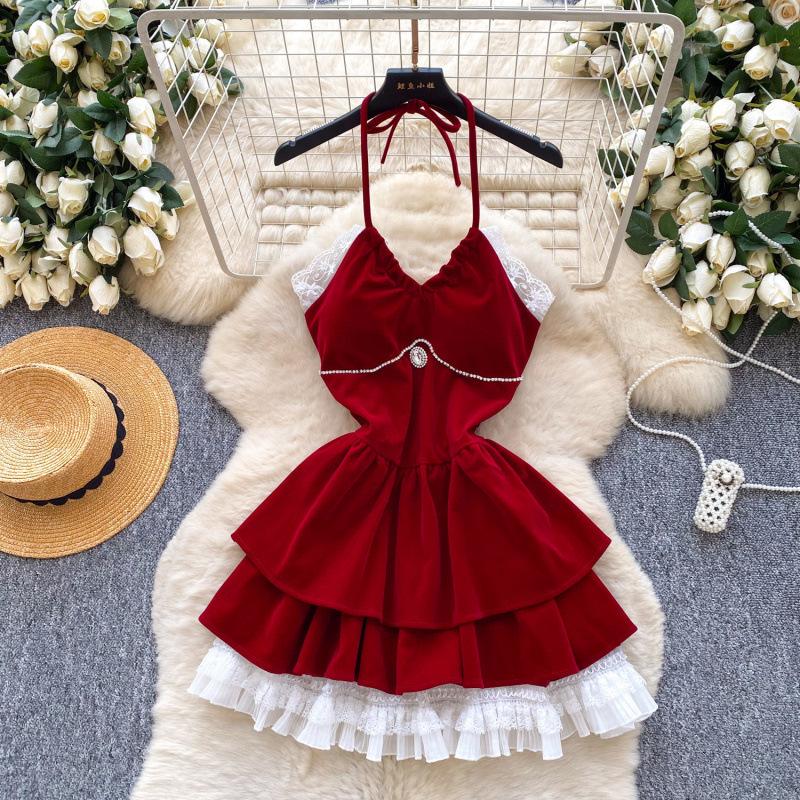 Sweet neck velvet dress, elegant versatile lace splicing, waist and thin ruffle edge A-shaped skirt One size fits all