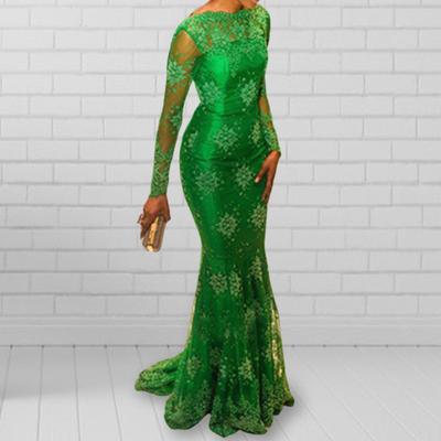 Long Sleeve Boat Neck Hip Wrap Fishtail Hem Bridesmaid Dress Elegant Crochet Lace Patchwork Perspective Maxi Dress Female Clothing