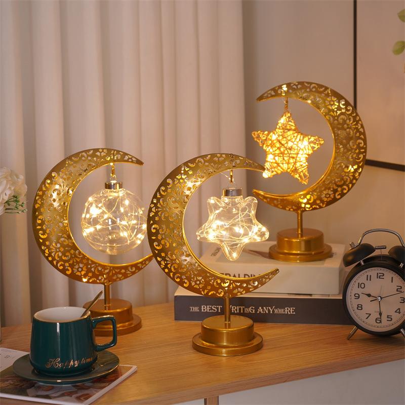 Golden Moon Star Night Light Muslim Ramanda Festival Decoration Table Lamp for Holiday Christamas Atmosphere Styling Lighting
