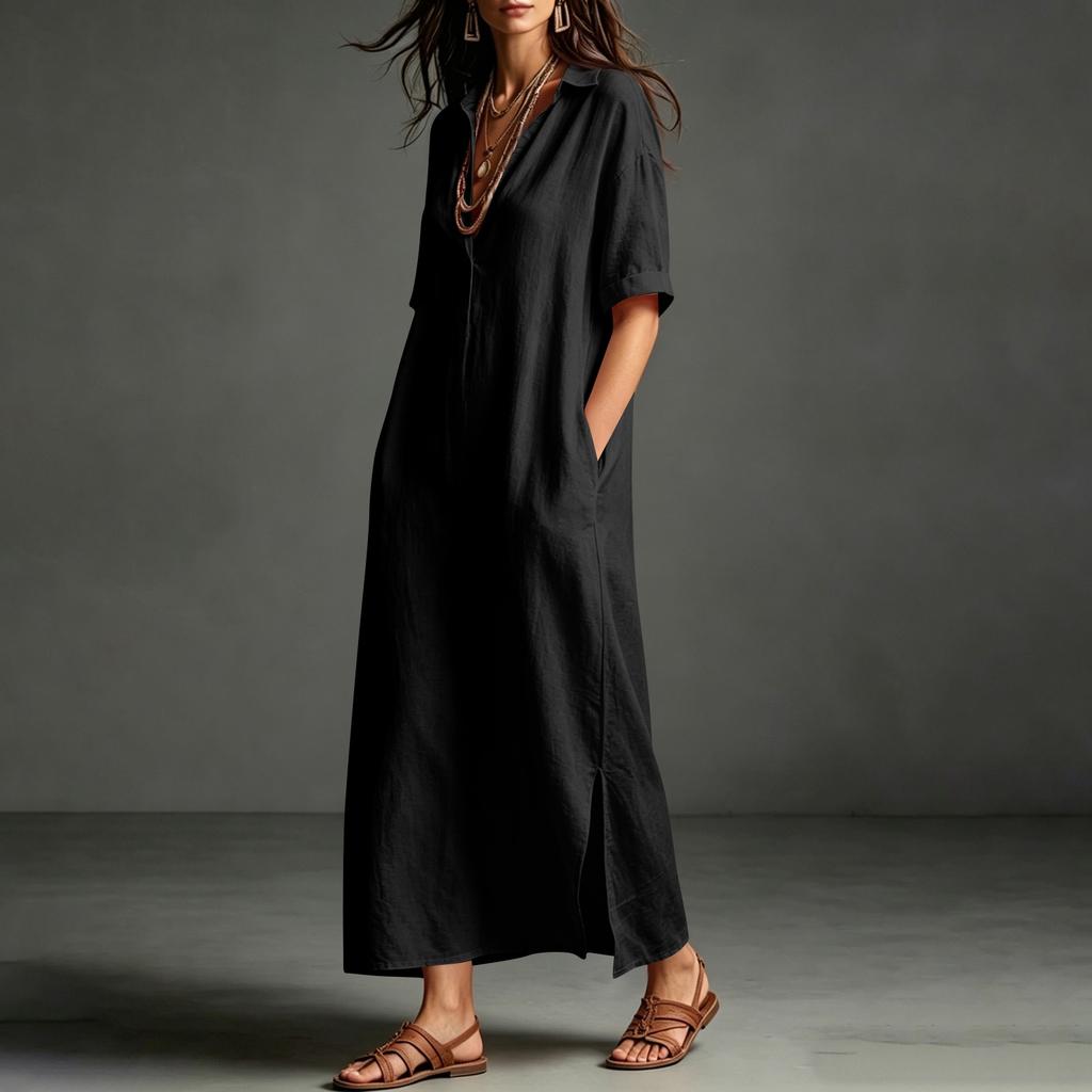 Womens Cotton Maxi Dress Short Sleeve Loose Fit Casual Shirt V Neck Button Long Kaftan Summer Beach Dress with Pockets