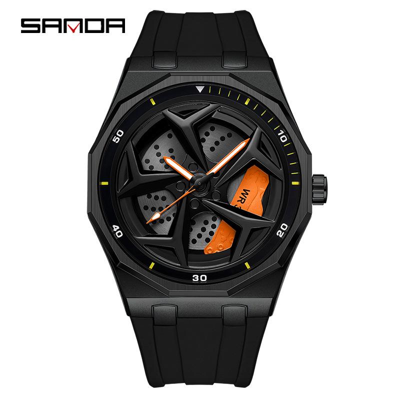SANDA Men's Waterproof Luminous Polygonal Quartz Watch with 3D Rotating Dial and Silicone Band