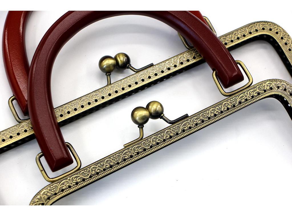 20CM Dark Embossed Bronze Handbag Handle with 25CM Square Wood Clasp and Smooth Screw Material
