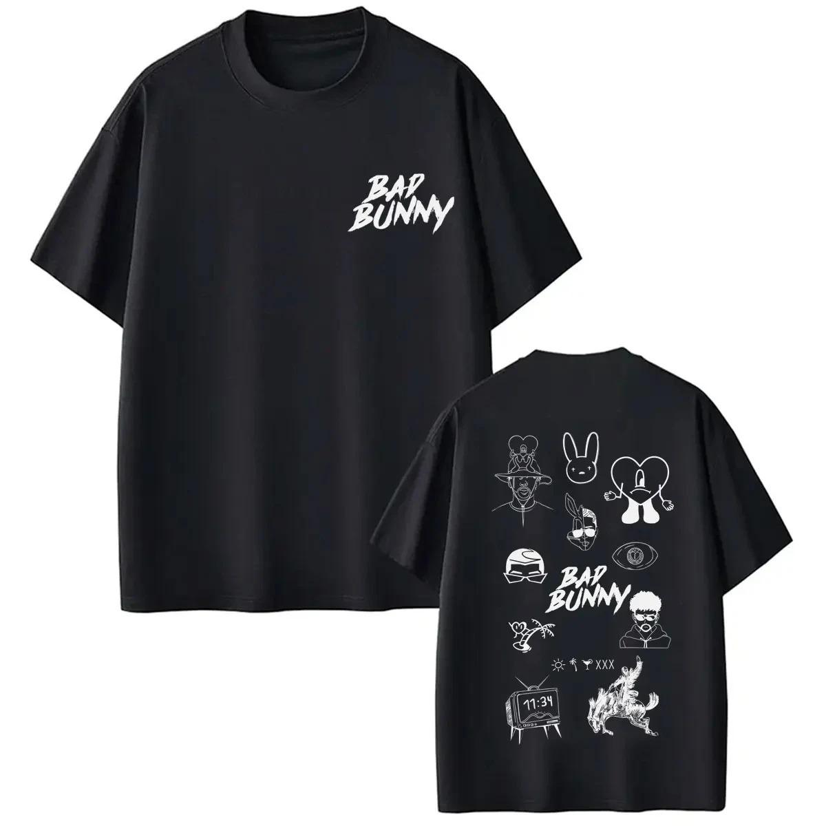 Vintage Vibes Bad Bunny Iconic Symbols & Signature Logo Black Cotton Unisex Casual Graphic Print Women And Men T-shirt 4XL