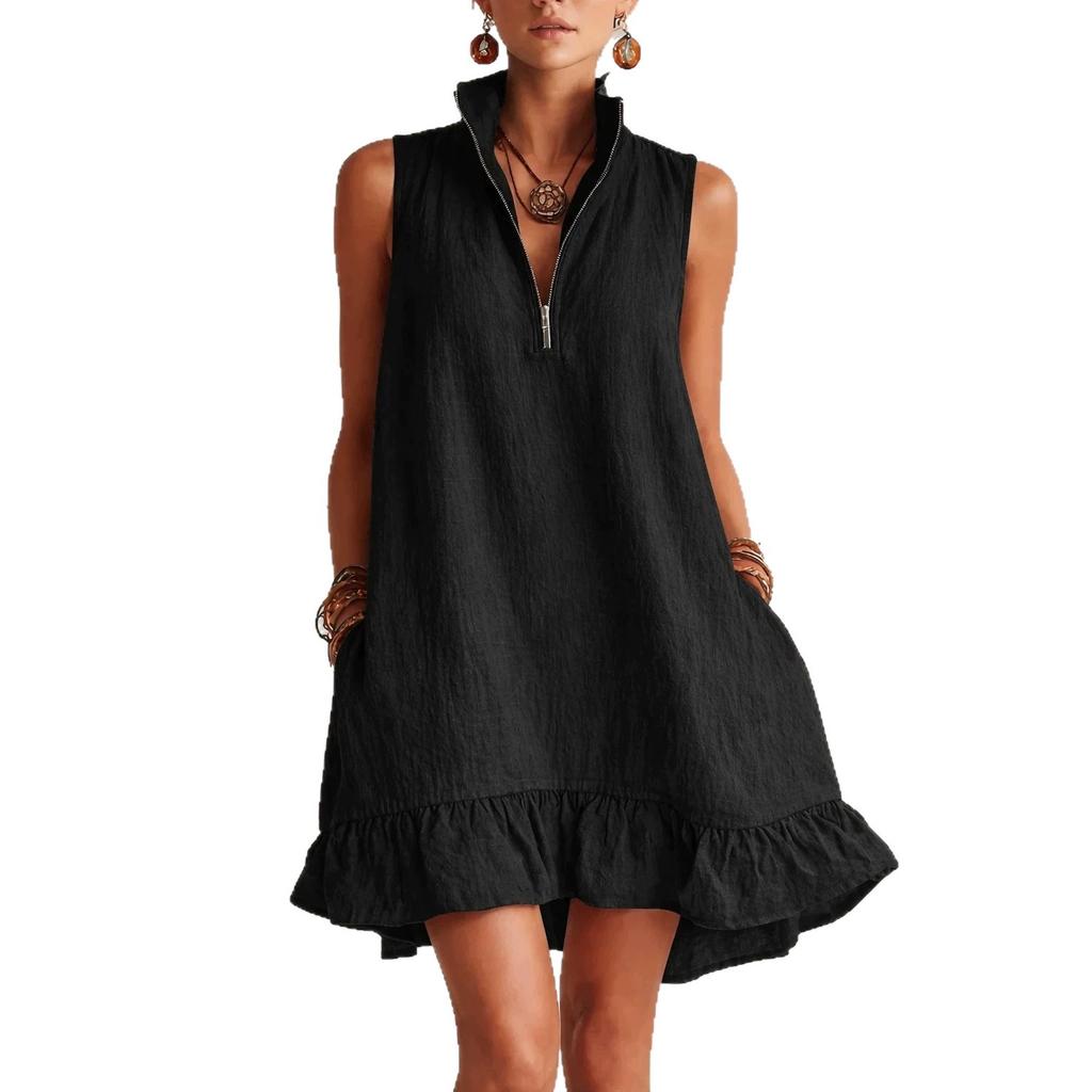 Damen ärmellos Halb-Reißverschluss Stehkragen Leinen Mini-Kleid Lockerer Schnitt Seitentaschen Rüsche Unregelmäßiger Saum Lässig Sommer Strand Urlaub Kurzes Kleid