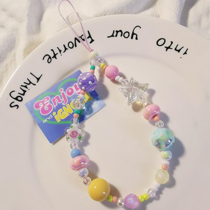 Mobile Phone Lanyard Graffiti Colored Bead Star Bracelet Women'S Short Wrist Pendant Universal Anti Loss Side Lanyard For Keys