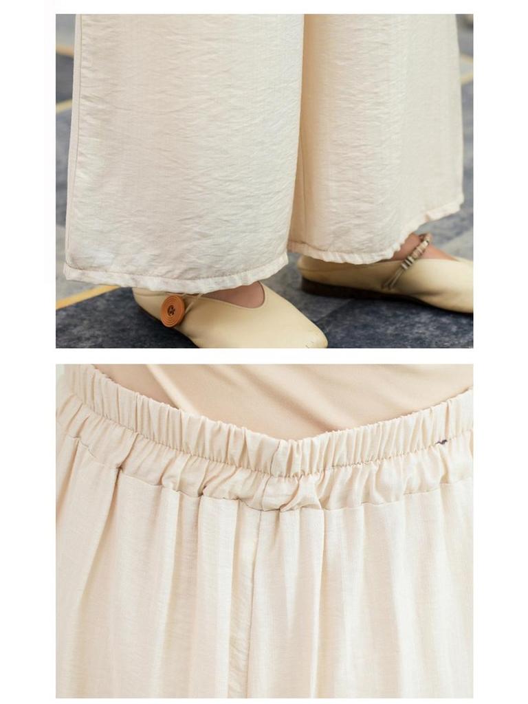 Women's Summer Silk Linen Wide-Leg Pants: Literary Solid Color, Elastic Waist, Loose Fit, Thin Fashion Leggings.