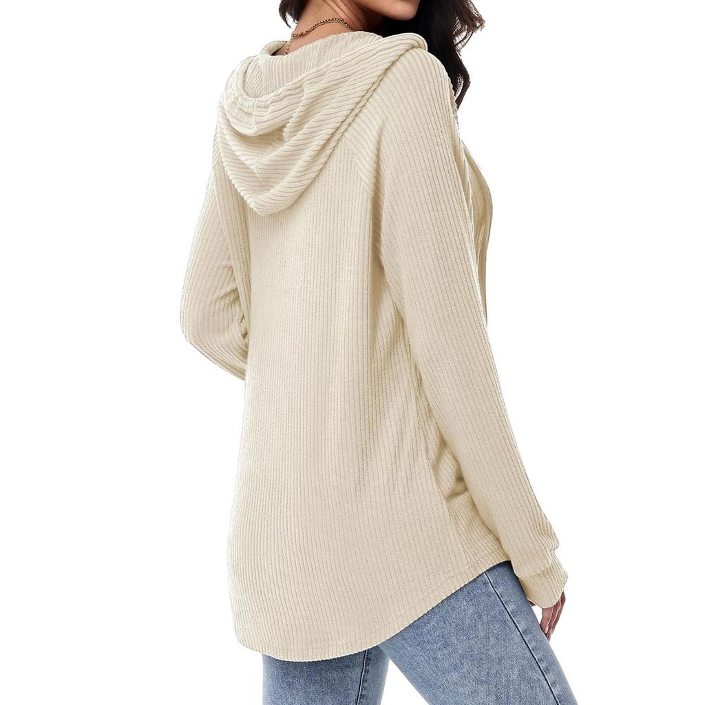 Women's Fashion Long-Sleeved Hooded Sweatshirt With Drawstring And Button-Up V-Neck Pullover Casual Sports Sweatshirt Top