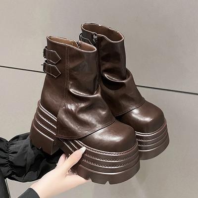Mode 10CM Kvinnor Chunky Motorcykelstövlar Höst Dolda Klackar Lädersneakers Vinter Vattentäta Snöstövlar Hög Platå Ankelstövlar