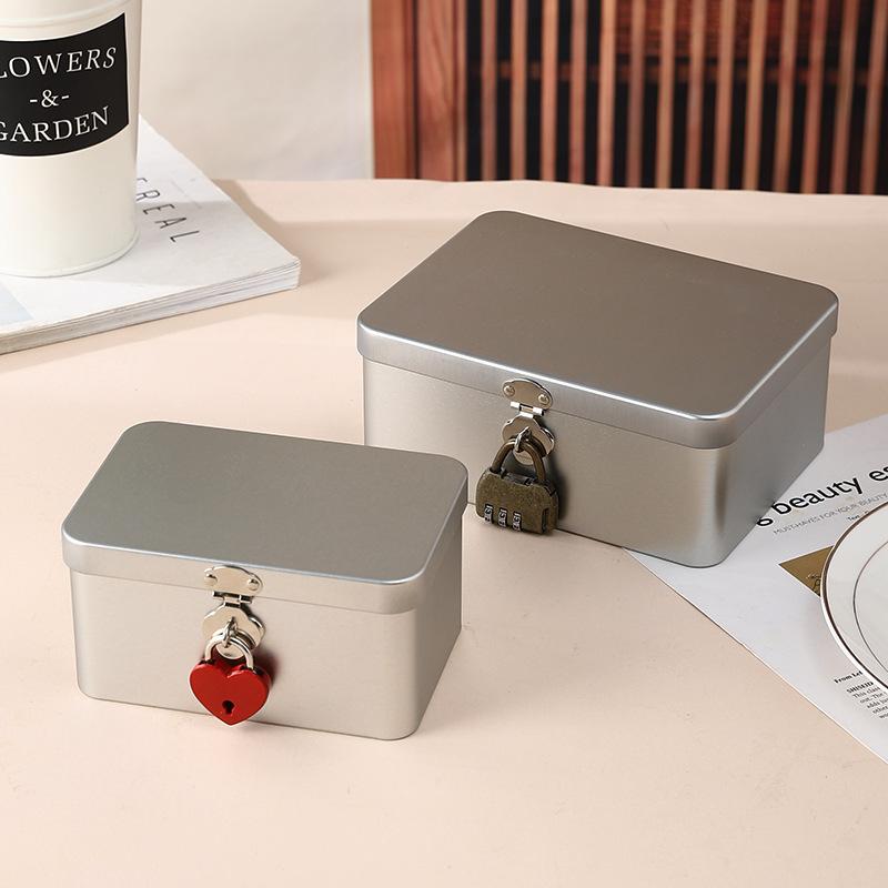 Silver Lockable Tin Storage Box Multifunctional Desktop Storage Box Metal Box Jewelry Storage Empty Box