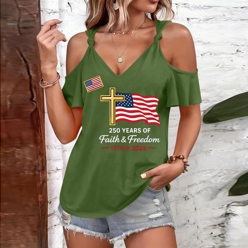 T-shirt décontracté pour femme à manches courtes et épaules dénudées avec imprimé Jour de l'Indépendance, col rond, coupe ample