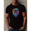 European Size Men'S Casual Neon Lion Face T-Shirt - Summer Short Sleeve Crew Neck Top, Knit Fabric, Regular Fit, Stretchy, Geometric Pattern